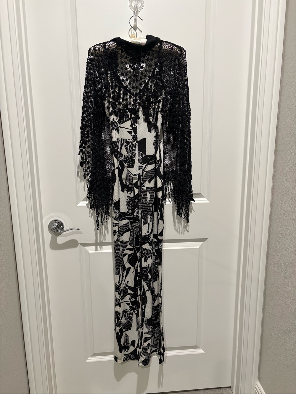 Black & White Patterned Wide-Leg Jumpsuit with Fringe Shawl